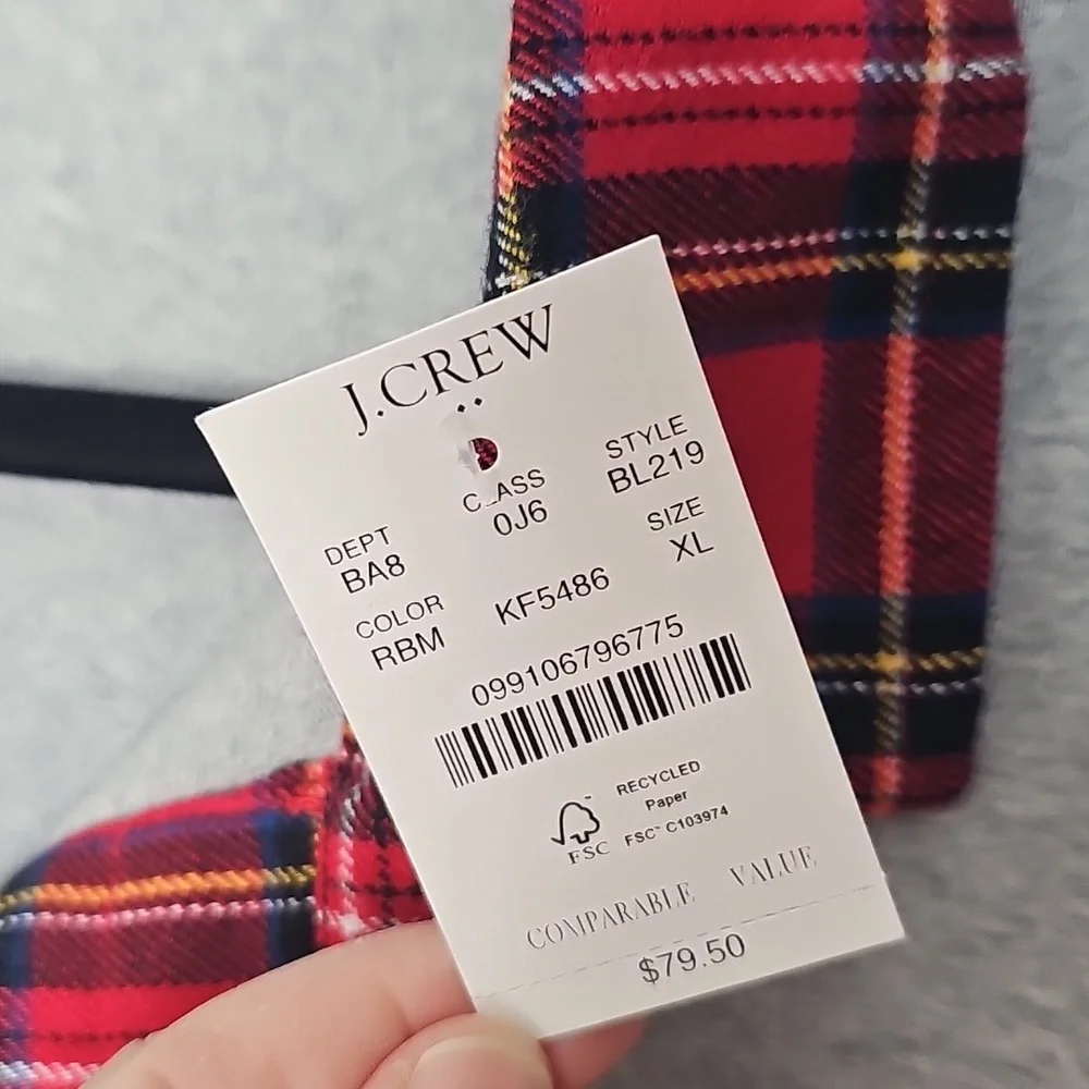 NWT J. Crew Gray Sweater with Red Plaid Collar Size XL